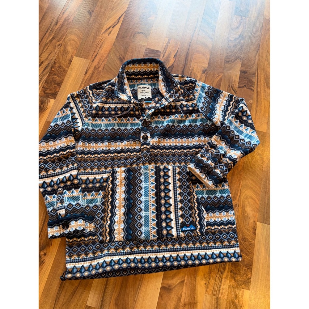 Kavu Fleece Pullover Women Medium‎ Blue Orange Geometric Aztec Button Up